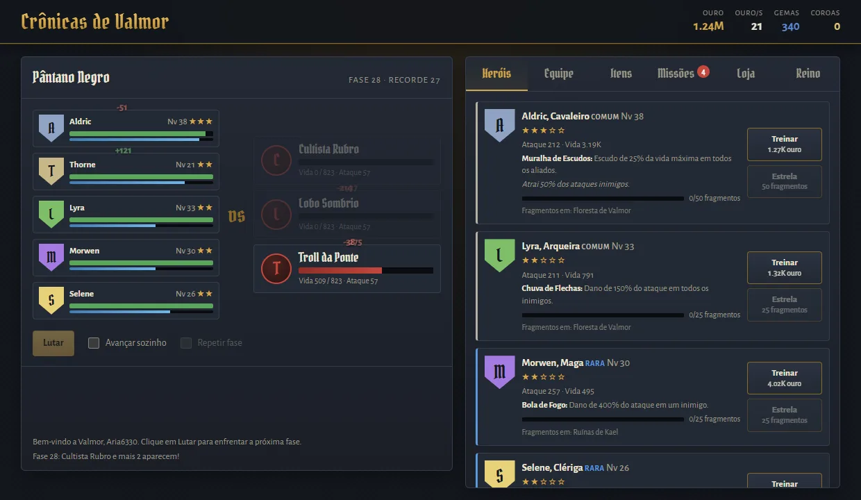 Tela do jogo: cinco heróis enfrentando o Troll da Ponte no Pântano Negro, com a lista de heróis ao lado